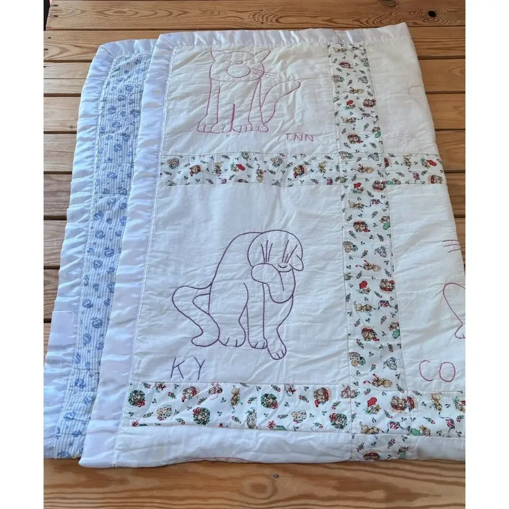 Vintage Handmade Embroidered Cat Quilt Size 64x50 White H2